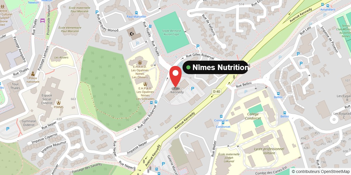 Plan d’accès au club Nîmes Nutrition, Parc Kennedy, bâtiment A1, 285 Rue Gilles Roberval, Nîmes, à côté du CHU Carémeau